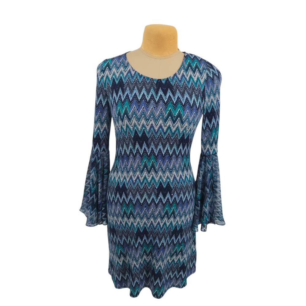 Style & Co Blue Zig Zag Sequin Bell Flare Sleeve Dress‎ XS Boho Chevron Stretch